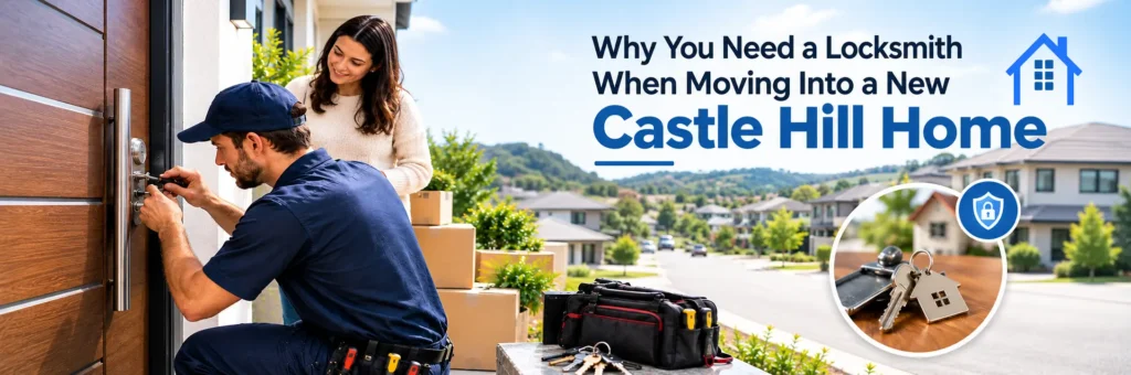 Locksmith securing a new Castle Hill home with professional lock installation and moving boxes