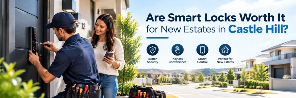 Locksmith installing a smart lock on a new Castle Hill home with smartphone access and keyless security features